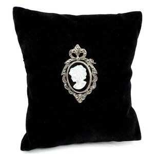 Vintage Sterling Silver Marcasite Cameo Brooch Pendant with Black Onyx and MOP